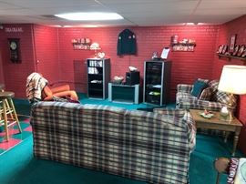 TechCraft Audio Stands/Cabinets w/matching TV Stand/Cabinet&nbsp;#s VR50 & V320! Plaid Couch & Matching Love Seat! Coca Cola Vintage Uniform, Tins & Shelves!