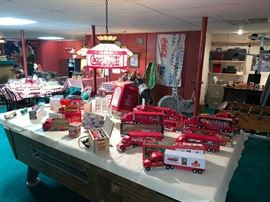 Coca Cola Santa 75th Anniversary Model Semi Truck w/Box, Santa 2005 Corvette Carrier Semi Truck w/Box, 2002 Nascar Carrier Semi Truck w/Box, 2003 Off Road Carrier Semi Truck w/Box & Hummers, 2004 Celebrate Mickey Tour Carrier Semi Truck/Box plus more!! Pool Table & Lamp Not For Sale!