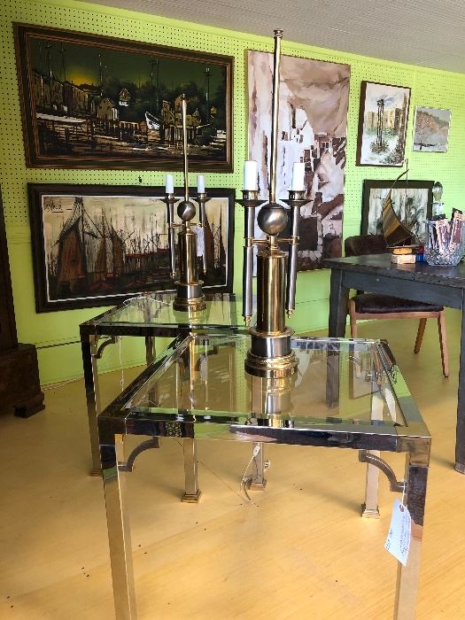 Pair of MasterCraft  side tables with Italian mid century brass and chrome lamps