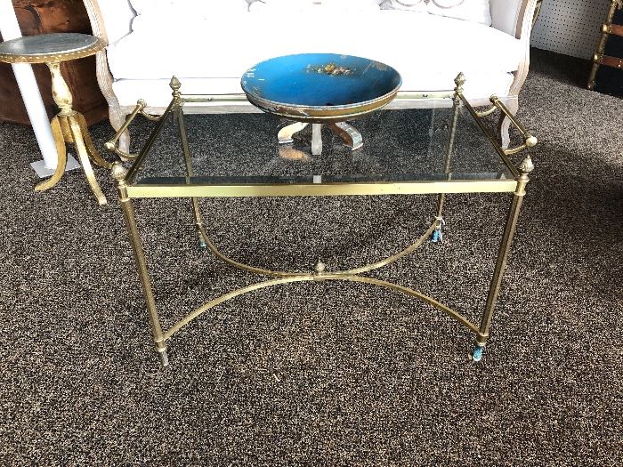 La Barge brass tray table with antique gilt and blue painted wood compote