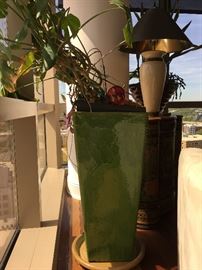 Green pottery planter with plant 32'x14'x14'
