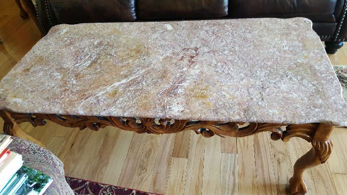 Marble wood carved coffee table