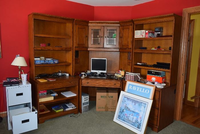 Desk, Shelving Unit, Computer, Office Supplies, 2 Drawer Filing Cabinet, Wall Art, Lamp