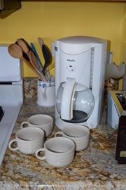Krups Coffeemaker, Cups, Wooden Utensils