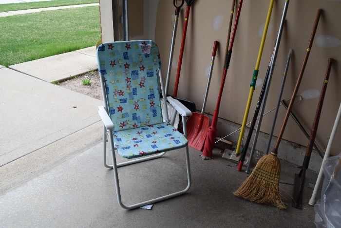 Lawn Chair, Shovels, Brooms