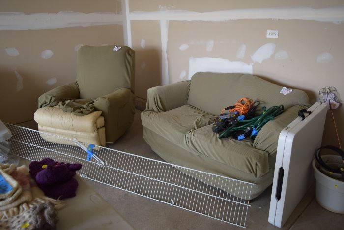 Loveseat, Recliner, Extension Cords, & Folding Table