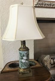 Set of Painted Porcelain and Brass lamps with Silk Shades