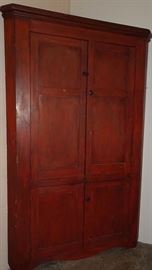Early Blind Door Corner Cupboard In Old Red Paint