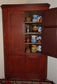Early Blind Door Corner Cupboard In Old Red Paint