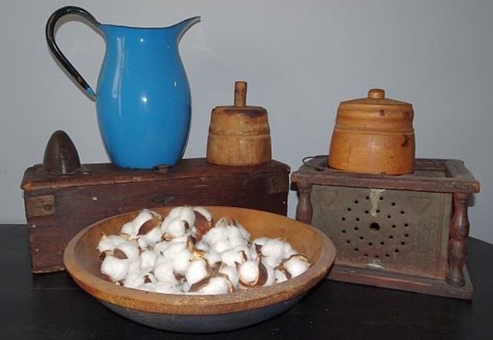 Punch Tin Foot Warmer, Butter Molds, Graniteware