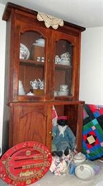 Child's Oak Step Back Cupboard, Child's Dishes, Dolls, Black Americana Dolls