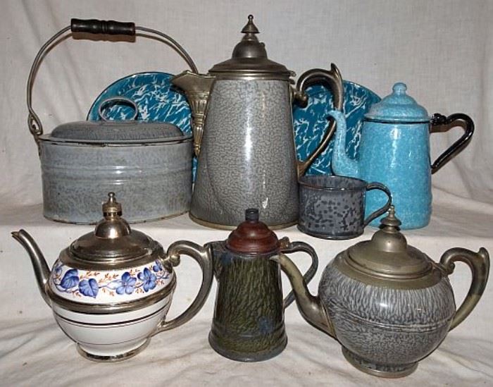 Granite & Pewter Coffee & Tea Pots, Lunch Tin, Pans