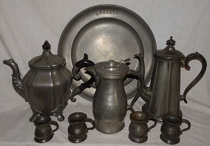 Early Pewter Incl. Charger, Coffee Pots, Measurers