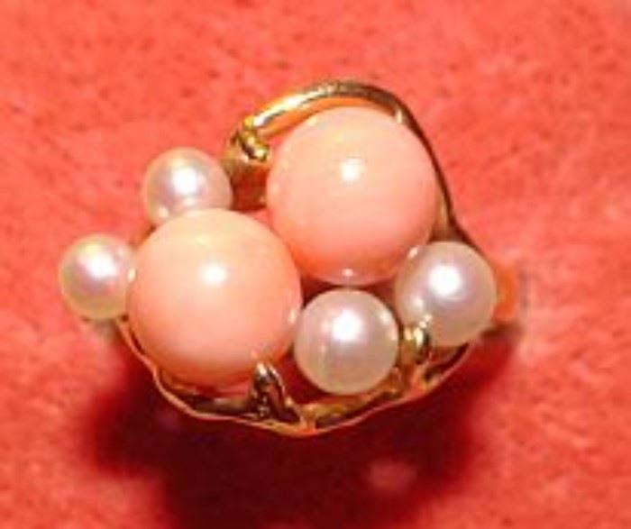 14K Coral & Pearl Ring