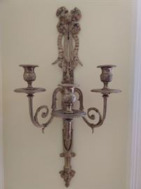 One of a pair of vintage French brass 3-light wall sconces.