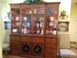Now HERE'S something you wont see very often at just any ol' estate sale. Unbelievable antique English breakfront, measures a grand 7 1/2' wide x 8' 1" tall x 20" deep. The details are fabby: hand painted bottom doors and all trim, original brass pulls, mullioned doors, fabric lined interior, lighted, drop down leather-topped desk, with cubby drawers and mirrored door (yep, mirrored!)