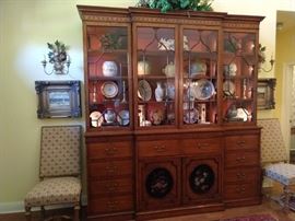 One of a pair of antique French side chairs, with bottom wooden stretchers, pair of original oils on canvas and pair of hand carved Italian wooden wall sconces (wired).