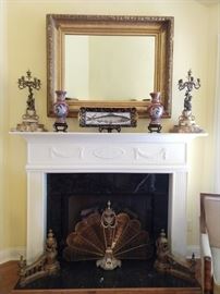 Large, antique gold gilt mirror, from a Whitlock Ave. lawyer's estate, pair of antique French bronze/marble 5-light candelabra, pair of red cloisonne vases on wooden stands. large French Limoges porcelain fish platter, vintage brass andirons and fireplace fan.