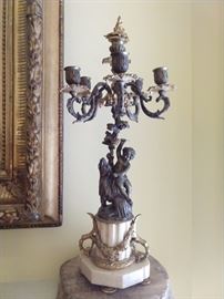 One of the pair of 5-light antique French bronze/marble candelabra.