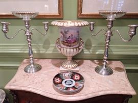 Pair of Gorham sterling silver 3-light candelabra, #660, vintage Old Paris porcelain urn, Imari plate.