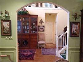 Pair of original, framed oil on canvas birds, with pair of antique brass English 2-light wall sconces.