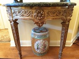 One each of a PAIR of gorgeous French gilt wood demilunes, with green marble tops and unique Asian porcelain garden stools.