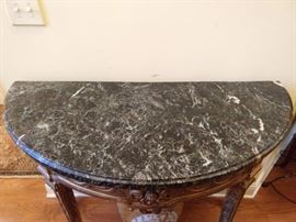 Green marble top from one of the pair of antique French gilt wood demilunes - these are really quite fine, just like you!