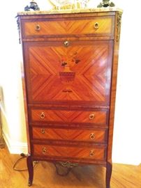 Vintage inlaid wood French upright writing desk, with bronze mounts and marble top.
