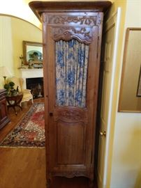 Tall, blonde & handsome vintage French wooden cabinet, with wire/fabric door - great to hide a TV, in style!