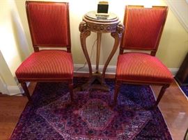Nice pair of vintage French side chairs, antique French carved/painted pedestal, with single drawer and inset marble top, all atop a vintage Persian Bidjar, hand woven rug.