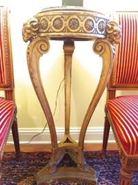 Great detail on this carved gilt wood, single drawer pedestal.