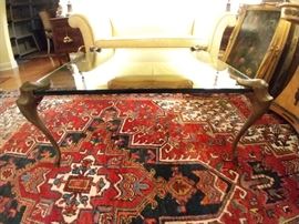 Vintage LaBarge brass/glass coffee table atop a vintage Persian Heriz rug.