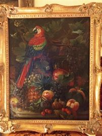 This Polly is spoiled and wants more than a cracker! Original, vintage oil on canvas, in gold gilt frame.