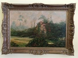 Nicely framed & detailed English cottage and garden original oil on canvas, signed D. Henry.