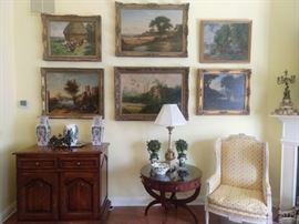 Unbelievable gallery wall of mostly European original oil landscape art pieces, on canvas.