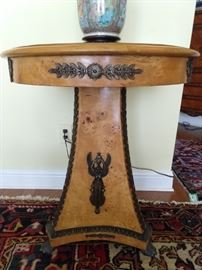 Gorgeous bird's eye maple French table, with bronze mounts and painted top.