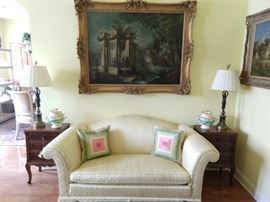 Butter yellow, silk covered love seat, even if you have high cholesterol, you'll love it! One of a pair each of vintage French 3-drawer walnut chests, vintage French Limoges fruit jars and pair of extraordinary bronze table lamps.