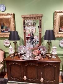 Gorgeous antique French gilt wood mirror, original oils on canvas, vintage Baker French sideboard. 