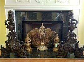 FANTASTIC antique English bronze lion andirons! Check out the next six pictures for close-up details - stunning! Honey, if this doesn't light your fire, you need lighter fluid!