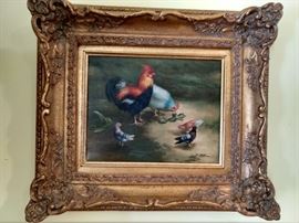 Another vintage fowl oil on canvas, with chickens, rooster and pigeons, this one by E. Cotman.
