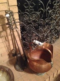 Brass fireplace tools and copper coal scuttle