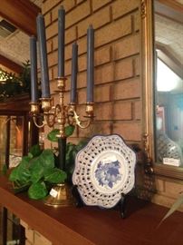 Brass candelabra and blue & white reticulated bowl
