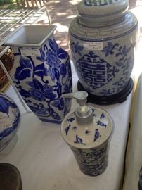 Blue & white vase, ginger jar, and soap dispenser