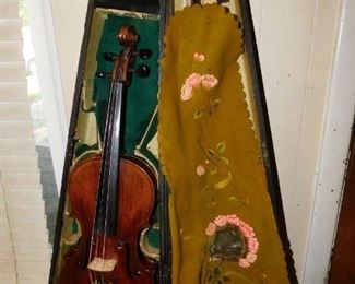 Nice Old Violin and Bow in Wooden Coffin Case