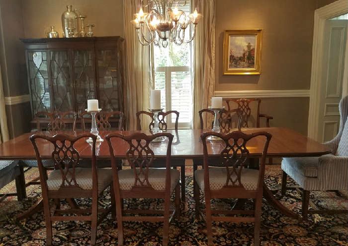 10 Ribbon back chairs 2 upholstered chairs, Table with leaves and pads, Lovely china cabinet