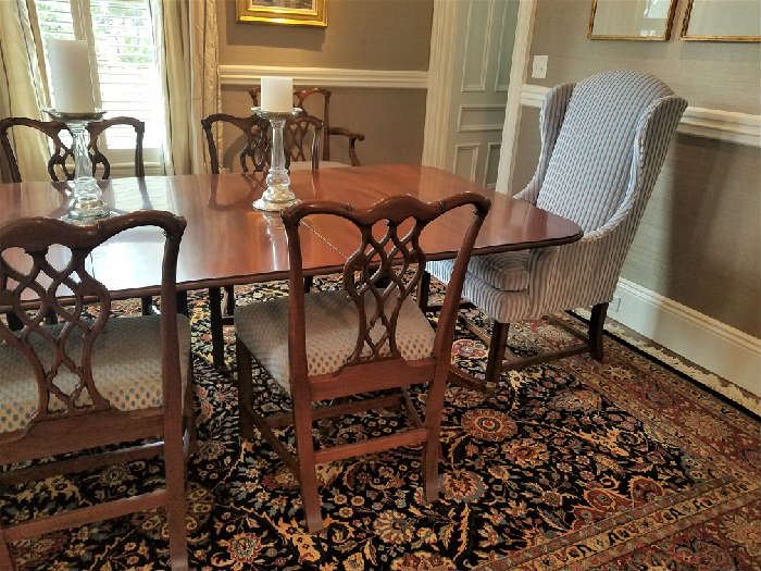 10 Ribbon Back Chairs including 2 arms.  2 Upholstered Chairs in Designer fabric complimenting Ribbonback chairs.  