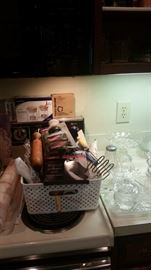 Lots of kitchen implements & gadgets, beautiful crystal & glassware