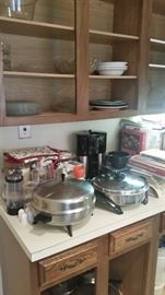 Kitchen electrics, Gelavia dual tumbler coffee maker, plates, cookbooks 
