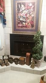 2 sets of wall sconces, "crystal ball upheld by lions, 2 hinged boxes, single heavy bookend, topiary, large floral print