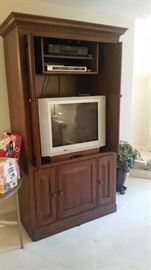 Large TV armoire, VHS player, DVD player, large television, ceramic urn in metal stand with greenery 